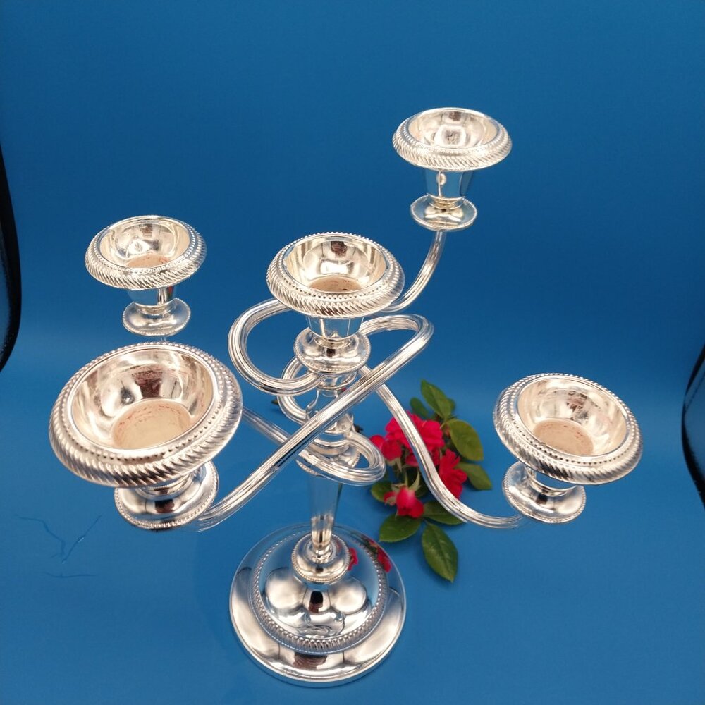 Vtg silver tone five light candelabra, candle holder - Picture 4 of 8